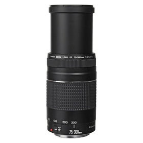 Canon EF 75-300mm III with hood included for ready-to-use shooting.