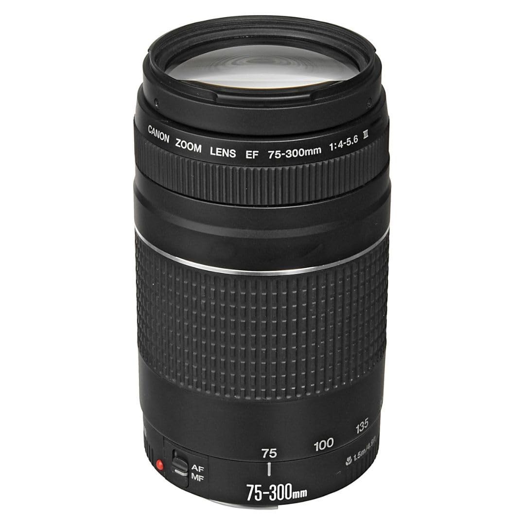 Canon EF 75-300mm III lens side view; compact telephoto option for travel.