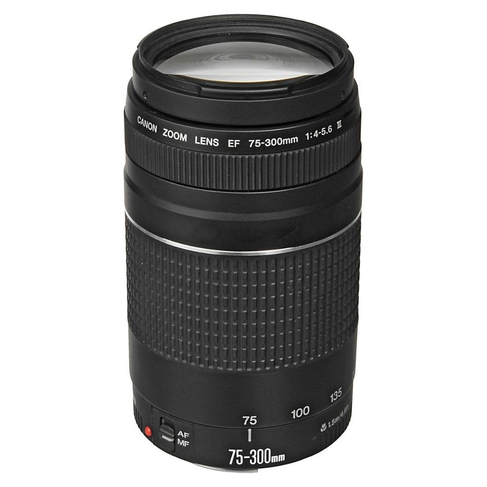 Canon EF 75-300mm III lens side view; compact telephoto option for travel.