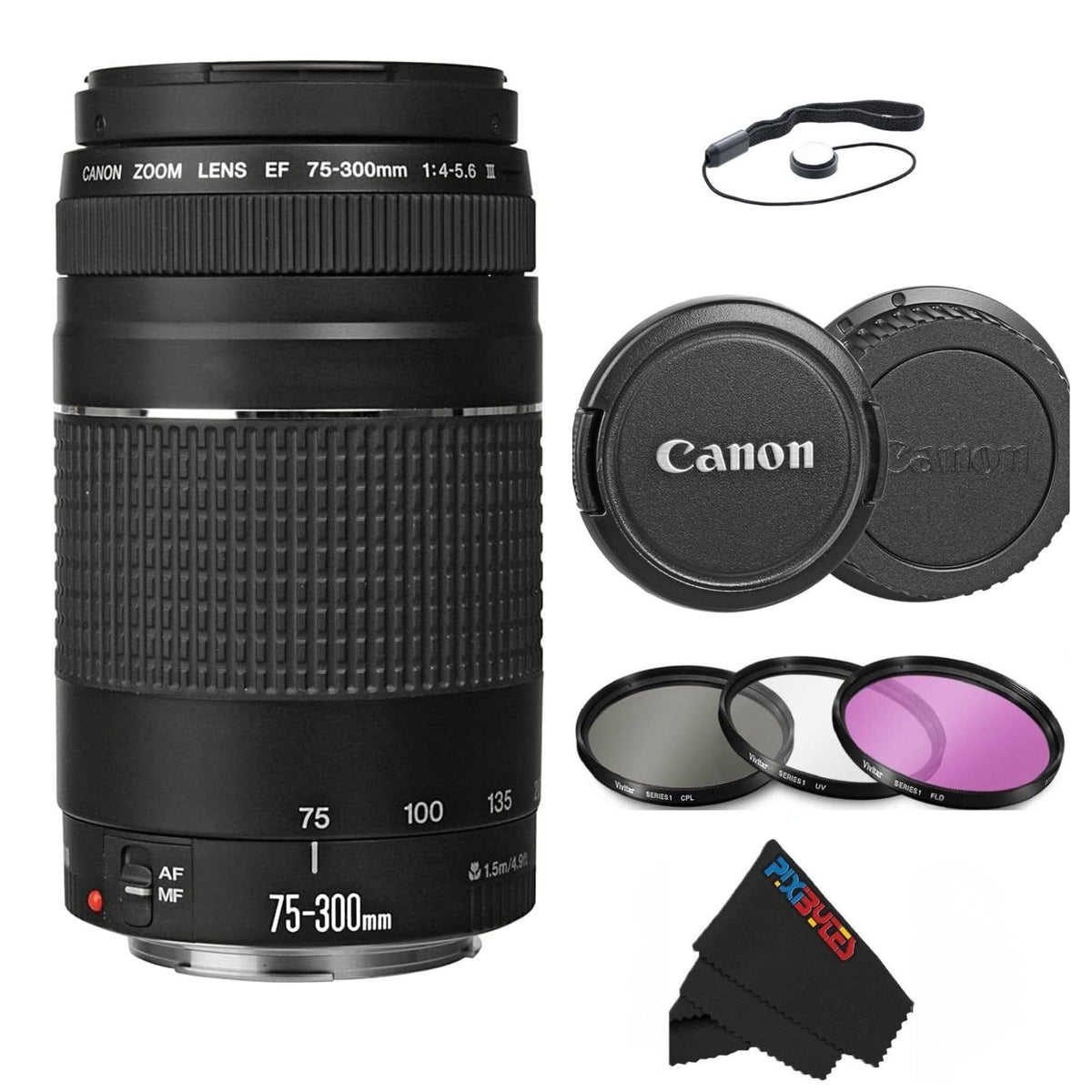 Canon EF 75-300mm III telephoto zoom lens front view, ideal for distant subjects and versatile shooting.