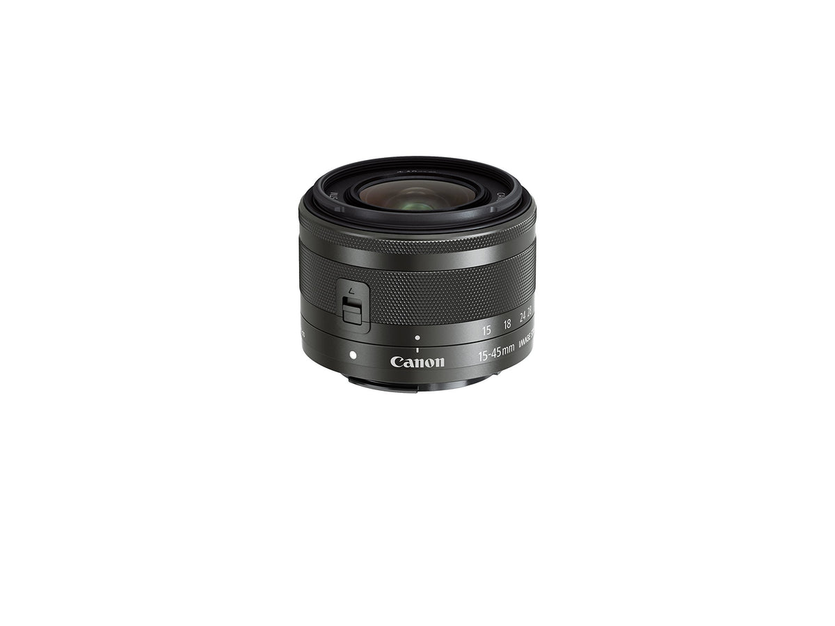 Canon EF-M 15-45mm graphite lens retracted for ultra-compact travel use