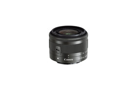 Canon EF-M 15-45mm graphite lens retracted for ultra-compact travel use