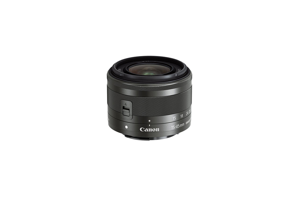 Canon EF-M 15-45mm graphite lens retracted for ultra-compact travel use