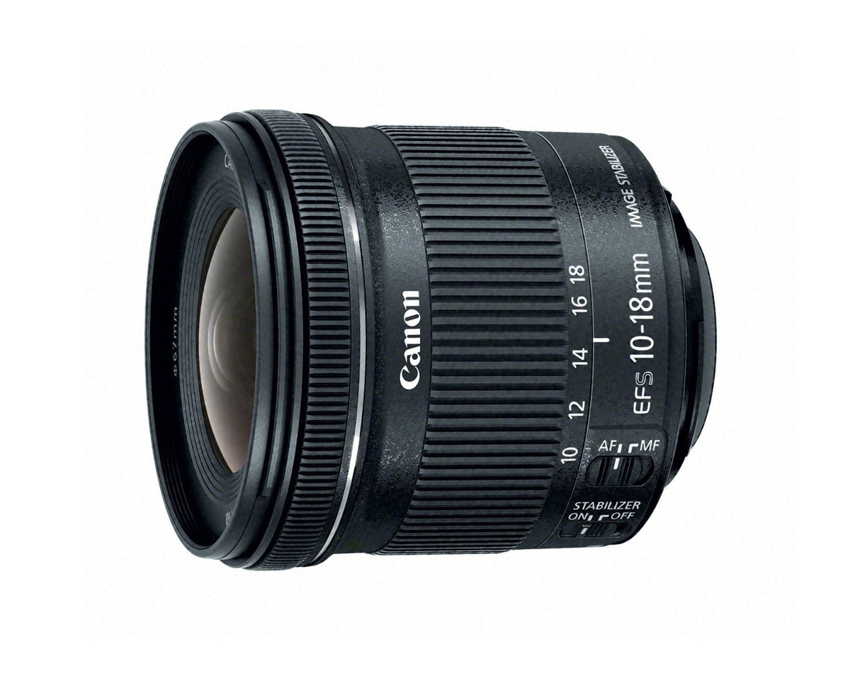 Canon EF-S 10-18mm lens side view, compact, travel-ready, stabilized performance.
