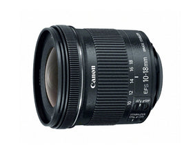 Canon EF-S 10-18mm lens side view, compact, travel-ready, stabilized performance.