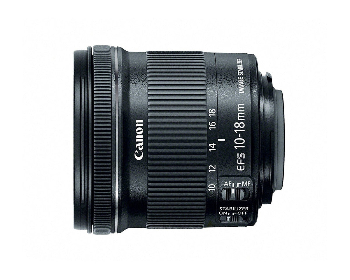 Canon EF-S 10-18mm lens front view, ultra-wide perspective for landscapes.