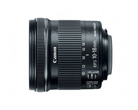 Canon EF-S 10-18mm lens front view, ultra-wide perspective for landscapes.