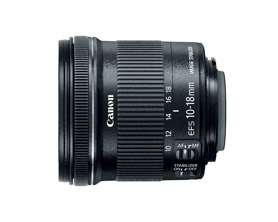 Canon EF-S 10-18mm lens front view, ultra-wide perspective for landscapes.
