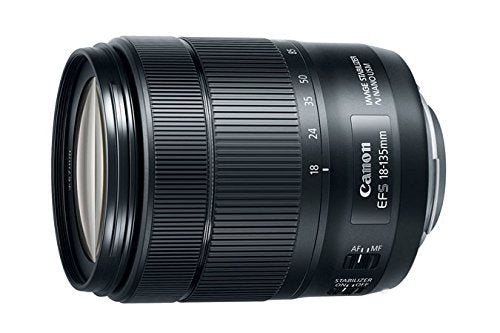 Close-up of the Canon EF-S 18-135mm lens front element highlighting compact design.