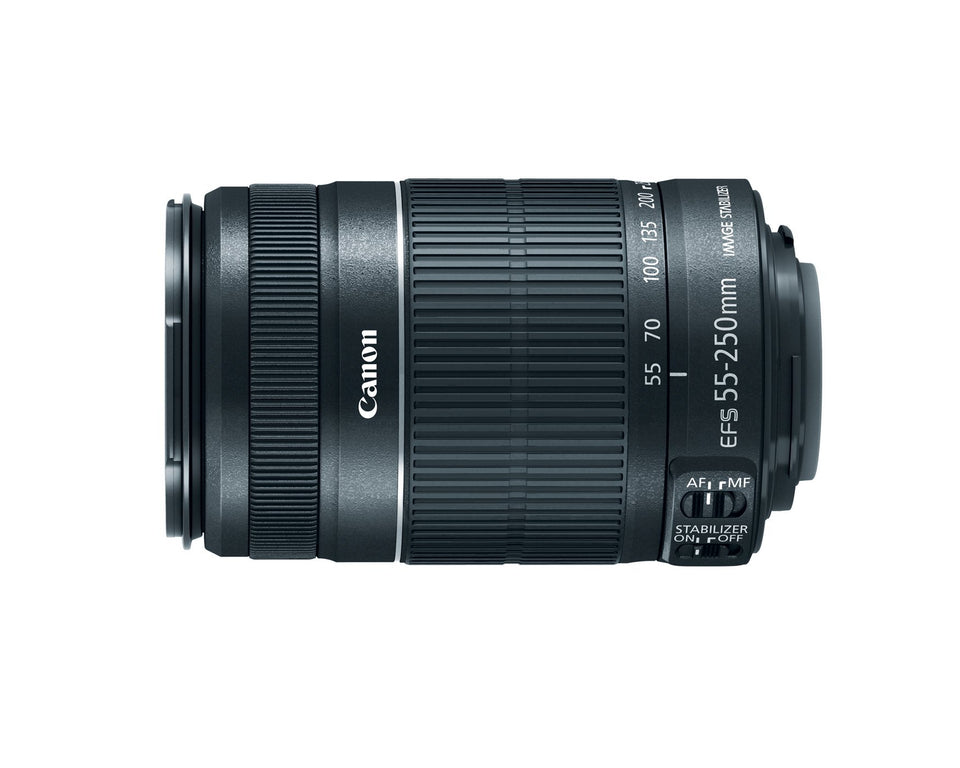 Canon EF-S 55-250mm telephoto zoom lens for APS-C cameras, ideal for distant subjects.