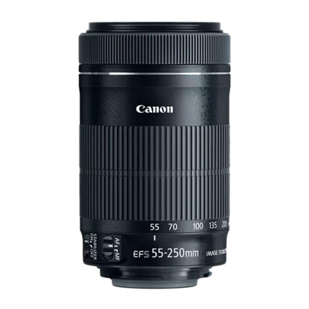 Canon EF-S 55-250mm IS STM lens front view, compact telephoto ideal for travel