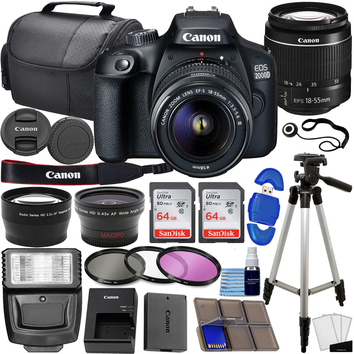 Canon EOS 2000D camera kit, front view, ideal for entry-level travel photography.