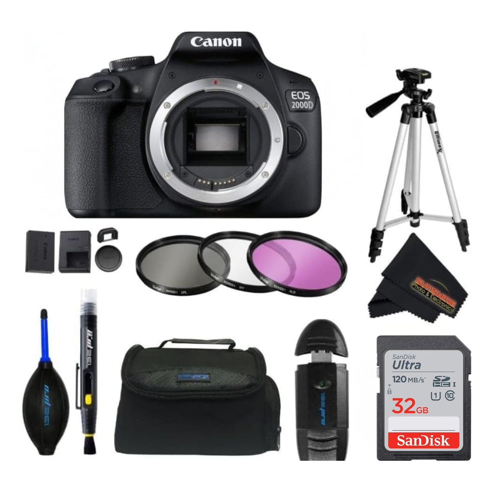 Canon EOS 2000D front view with 18-55mm kit for beginner-friendly handling.