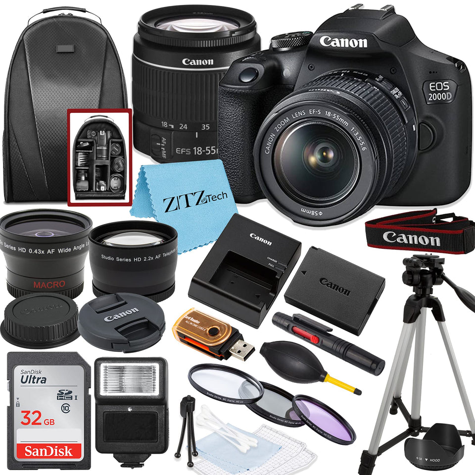Canon EOS 2000D with 18-55mm lens front view for versatile everyday photography.