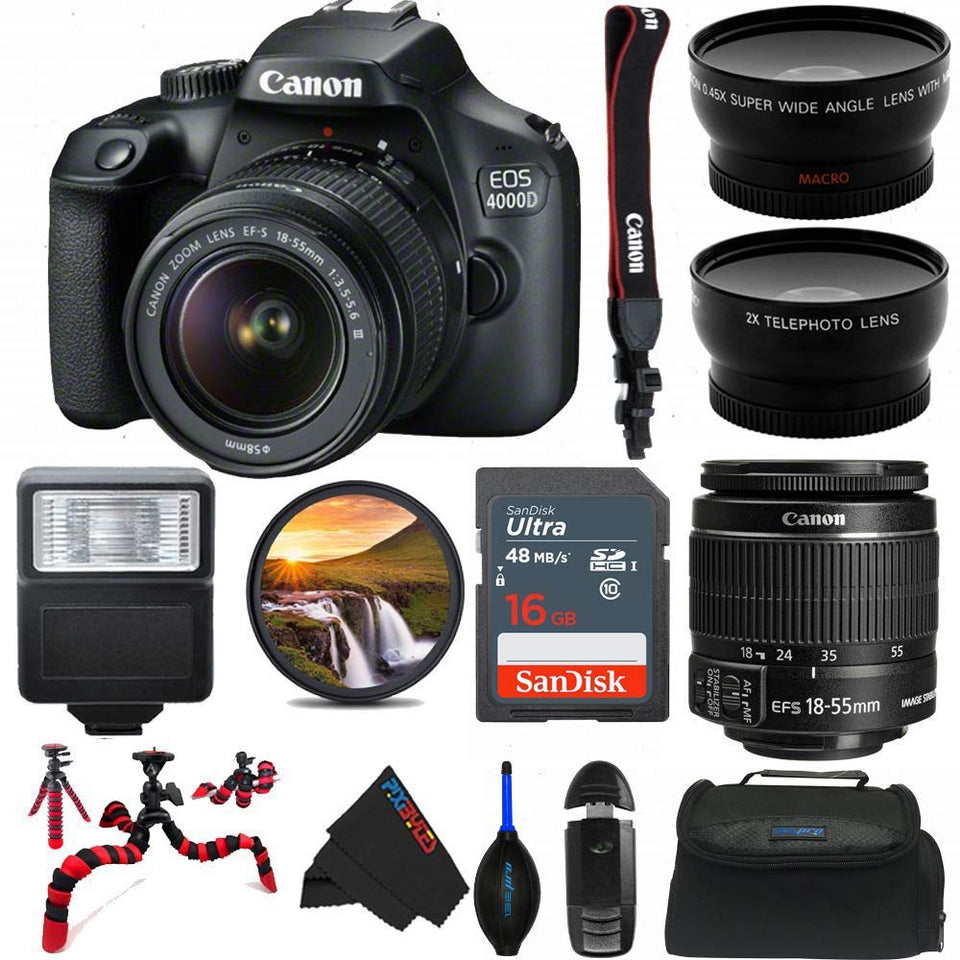Canon EOS 4000D bundle with 18-55mm lens, front view, ideal for beginner photography.