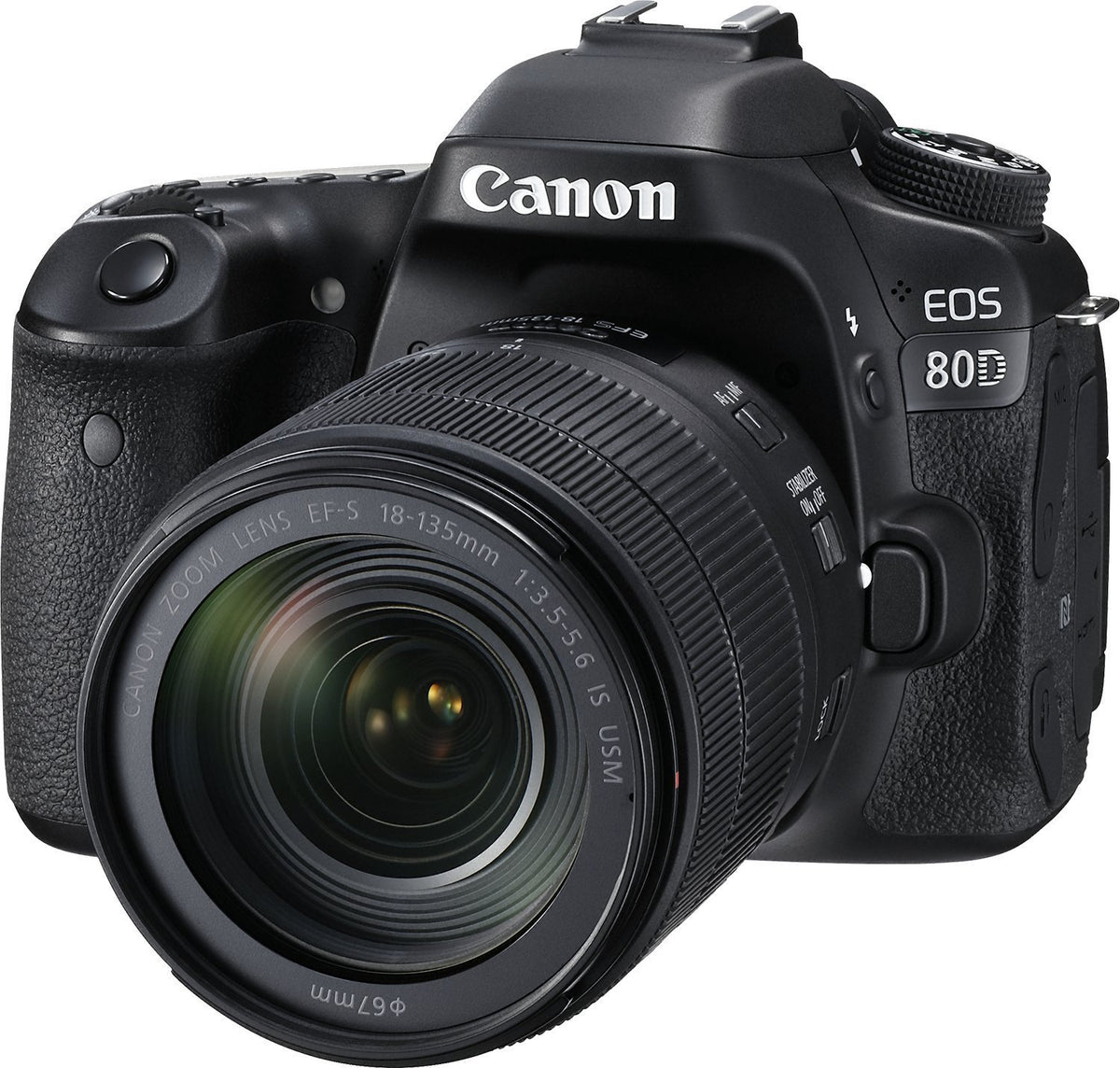 Canon EOS 80D renewed front view highlights sturdy grip and adaptable controls.