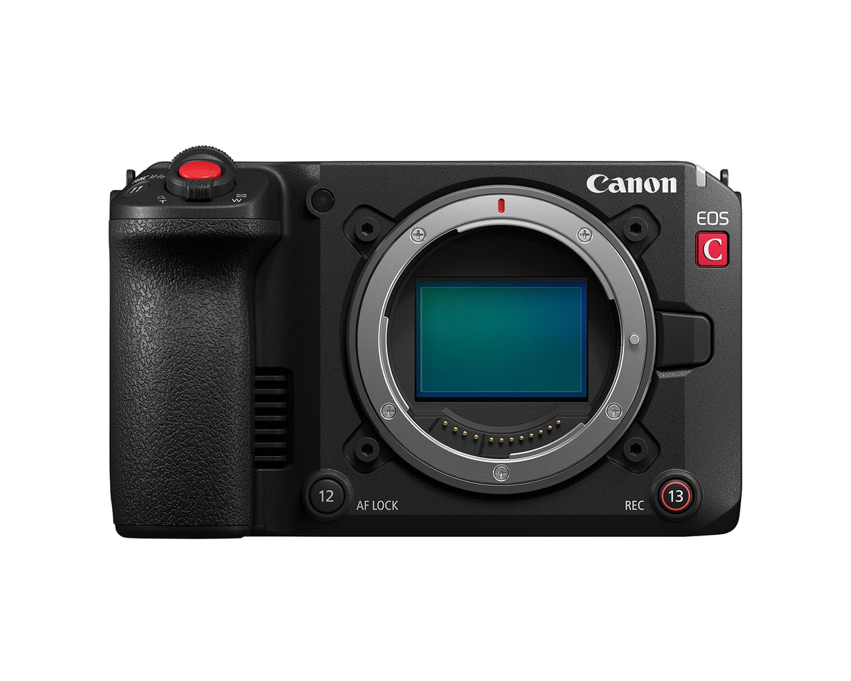 Canon EOS C50 front view highlights the compact body ideal for portable shoots.