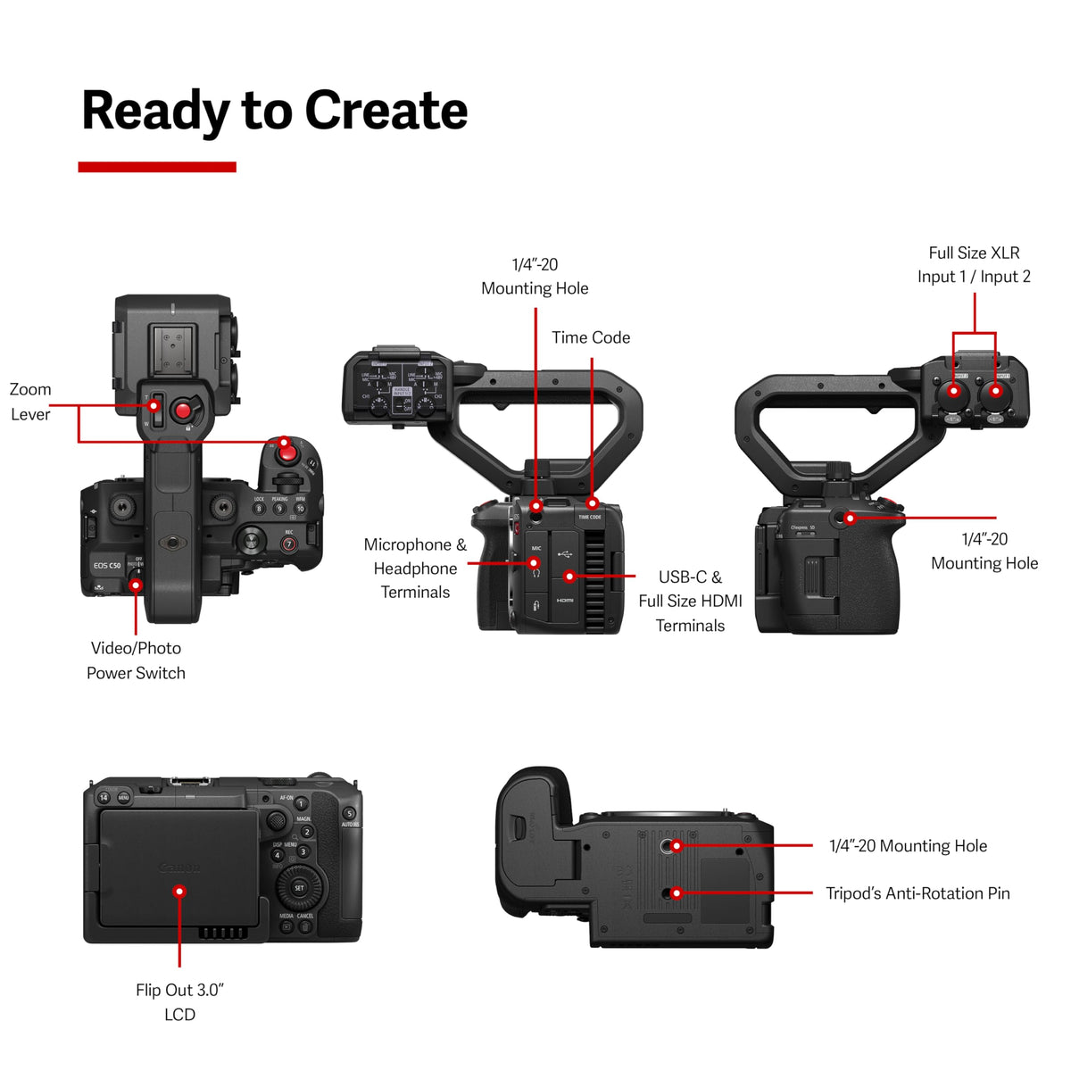 Canon EOS C50 top handle with XLR inputs enables pro audio on location.