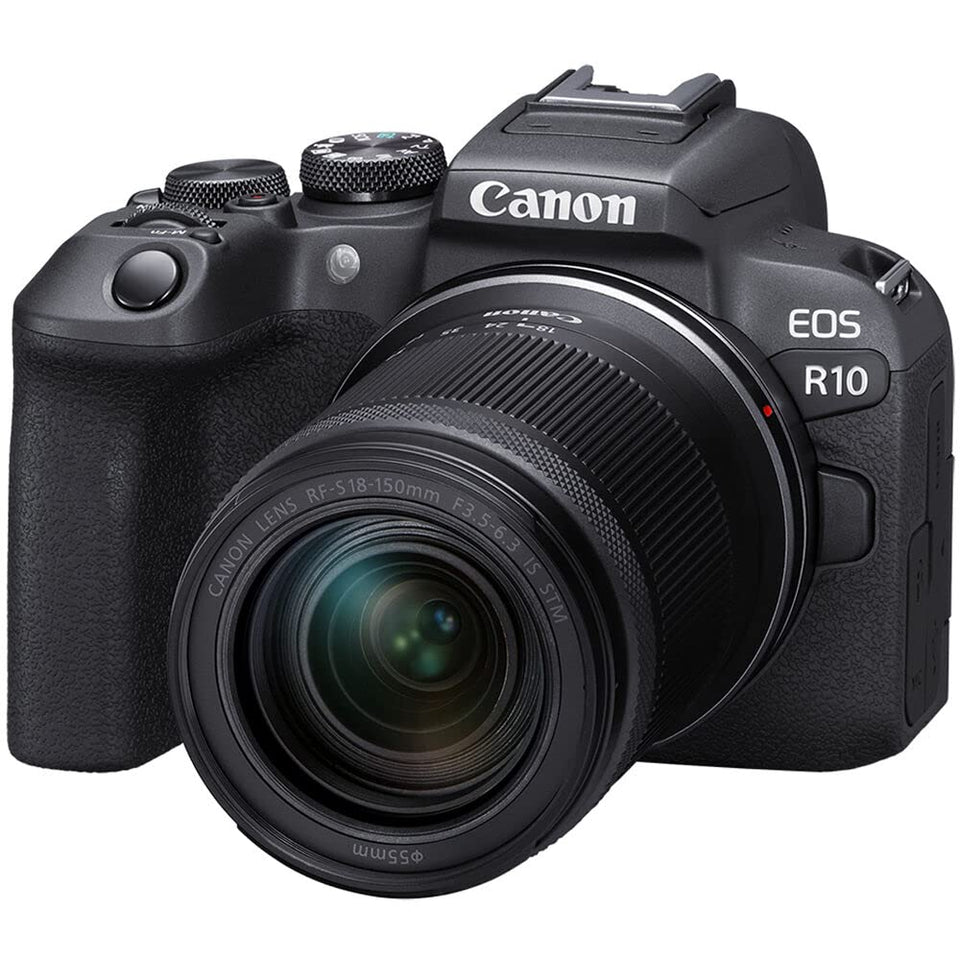 Canon EOS R10 front view with RF-S18-150mm lens, compact mirrorless design for travel