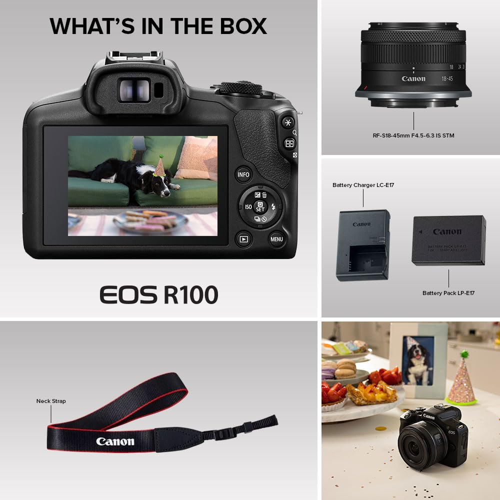 Canon EOS R100 records 4K video and Full HD for versatile content.