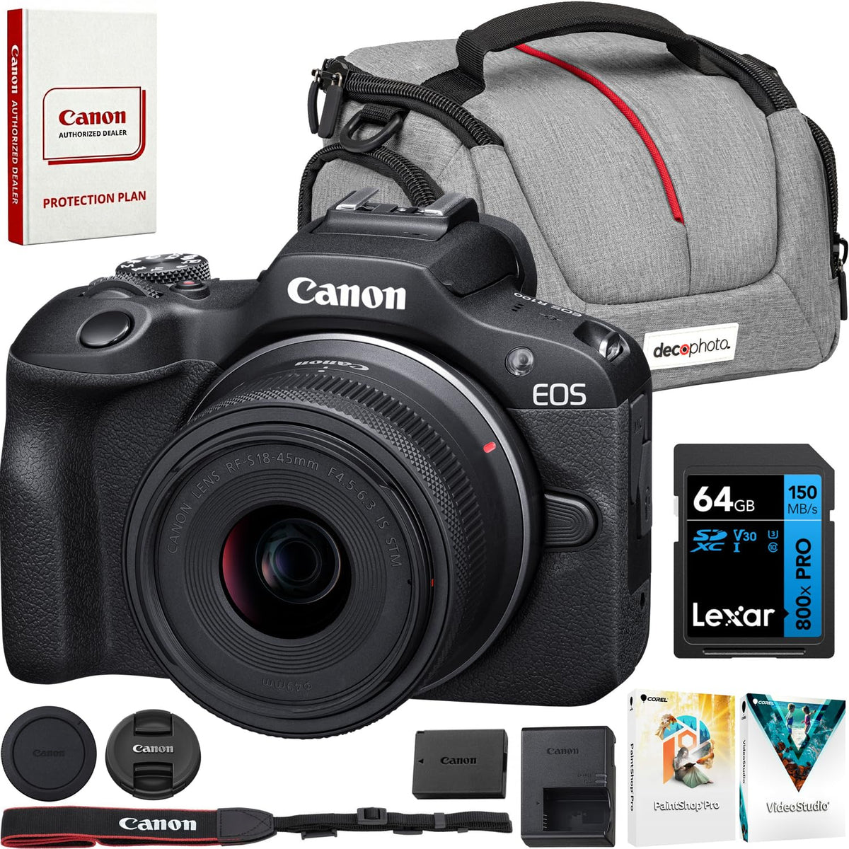 Canon EOS R100 body front view showing compact mirrorless design for travel photography.