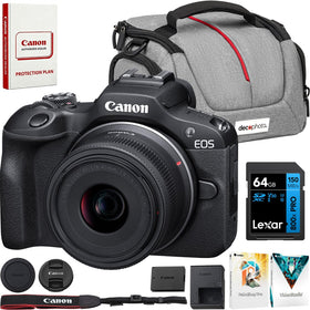 Canon EOS R100 body front view showing compact mirrorless design for travel photography.