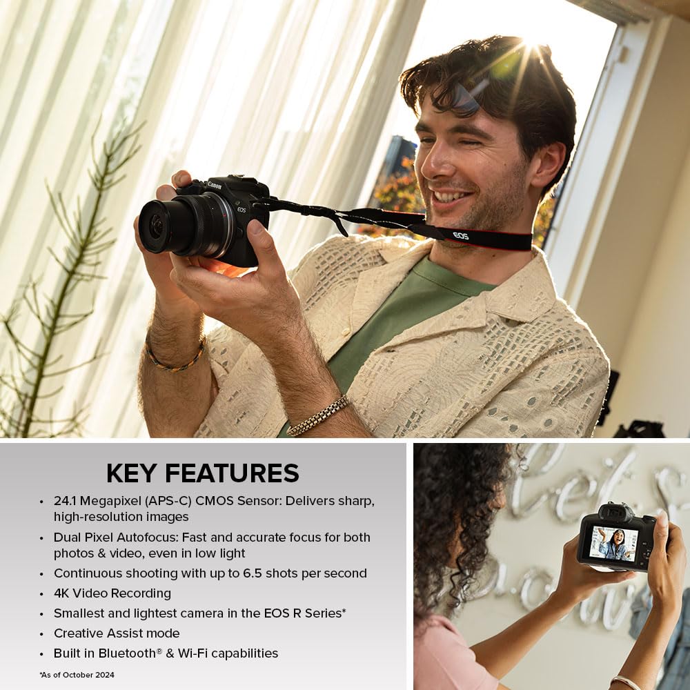Canon EOS R100 Dual Pixel AF with eye detect supports confident portraits.