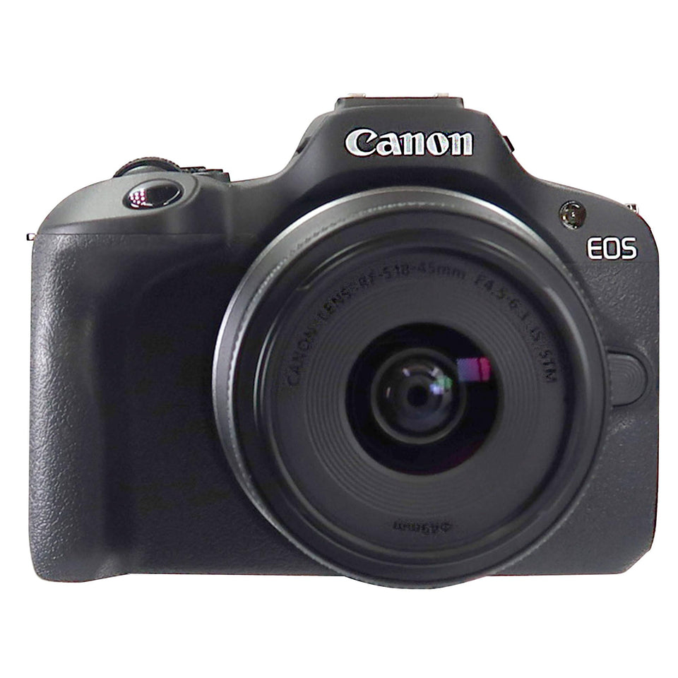 Canon EOS R100 front view with kit lens for versatile everyday photography