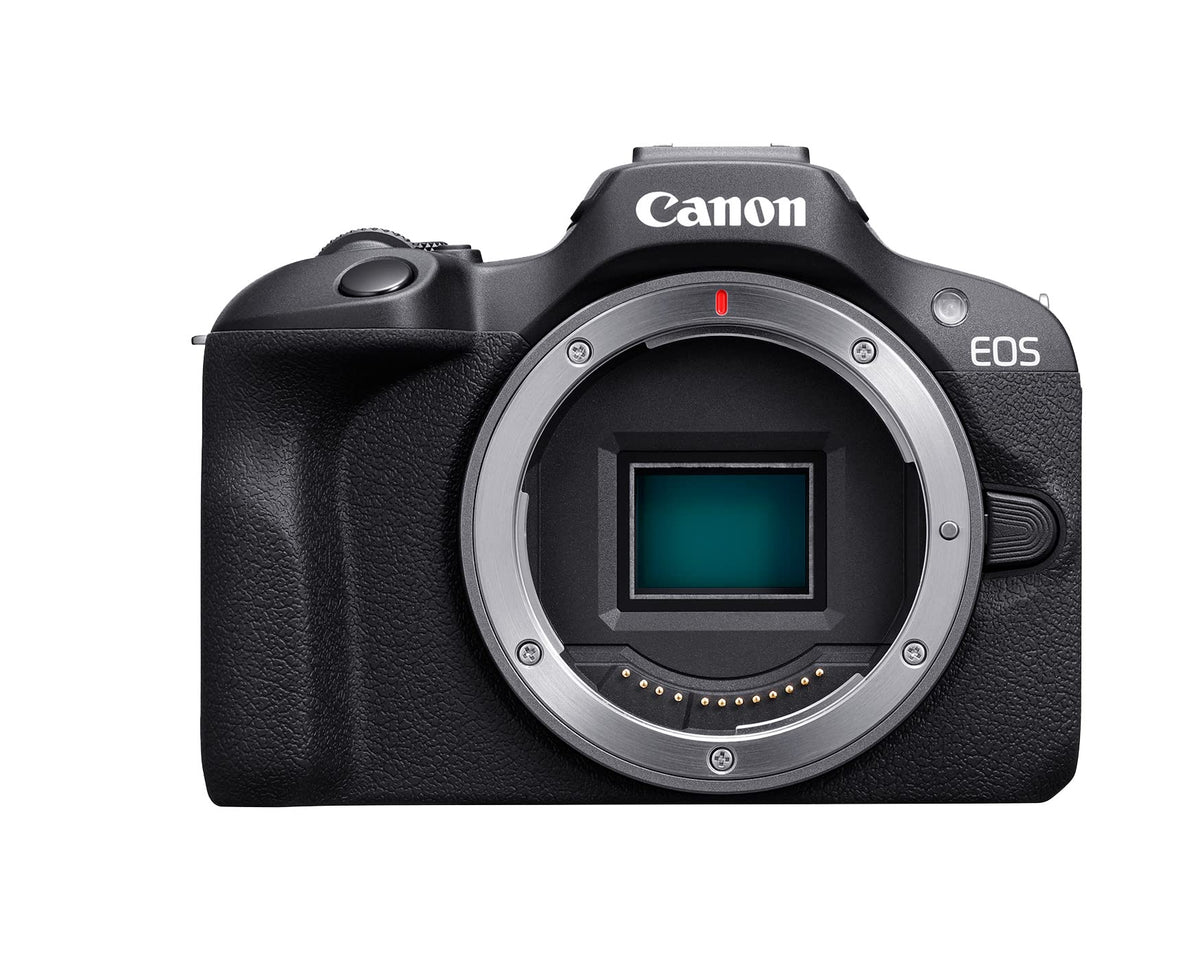 Canon EOS R100 front view, compact design ideal for travel photography.