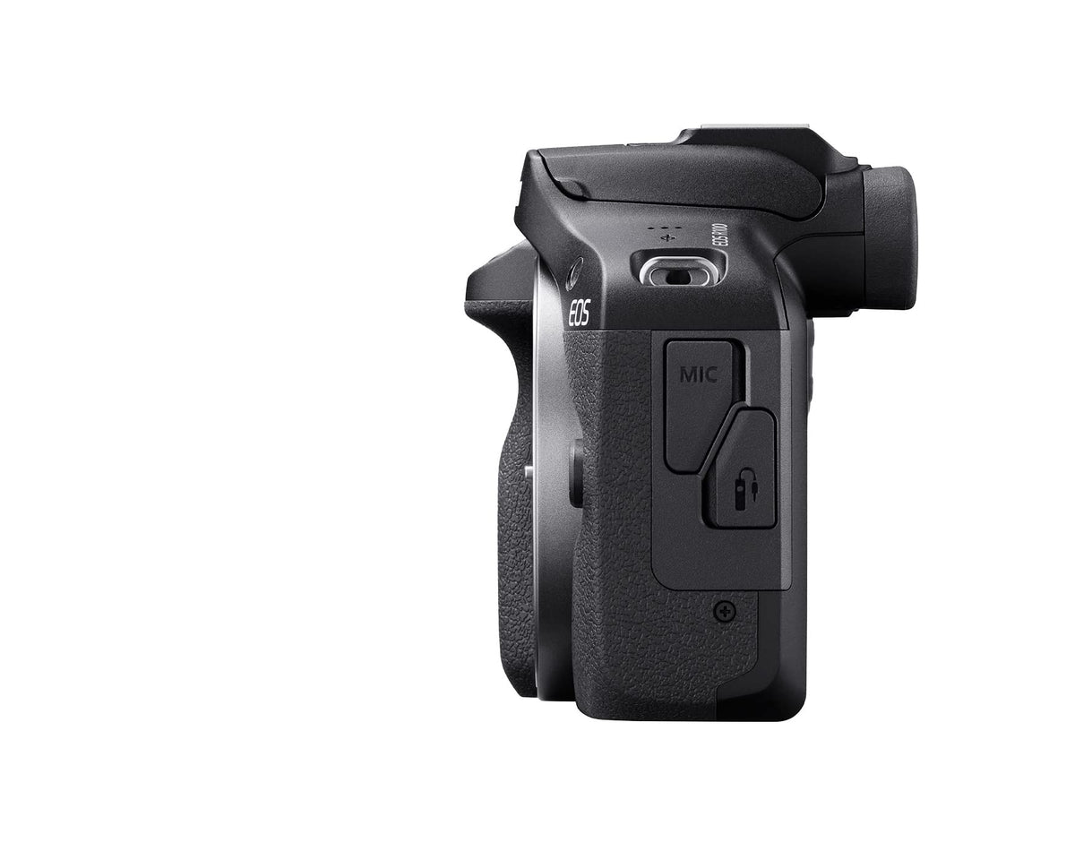 Canon EOS R100 right side view highlights lightweight form for daily carry.