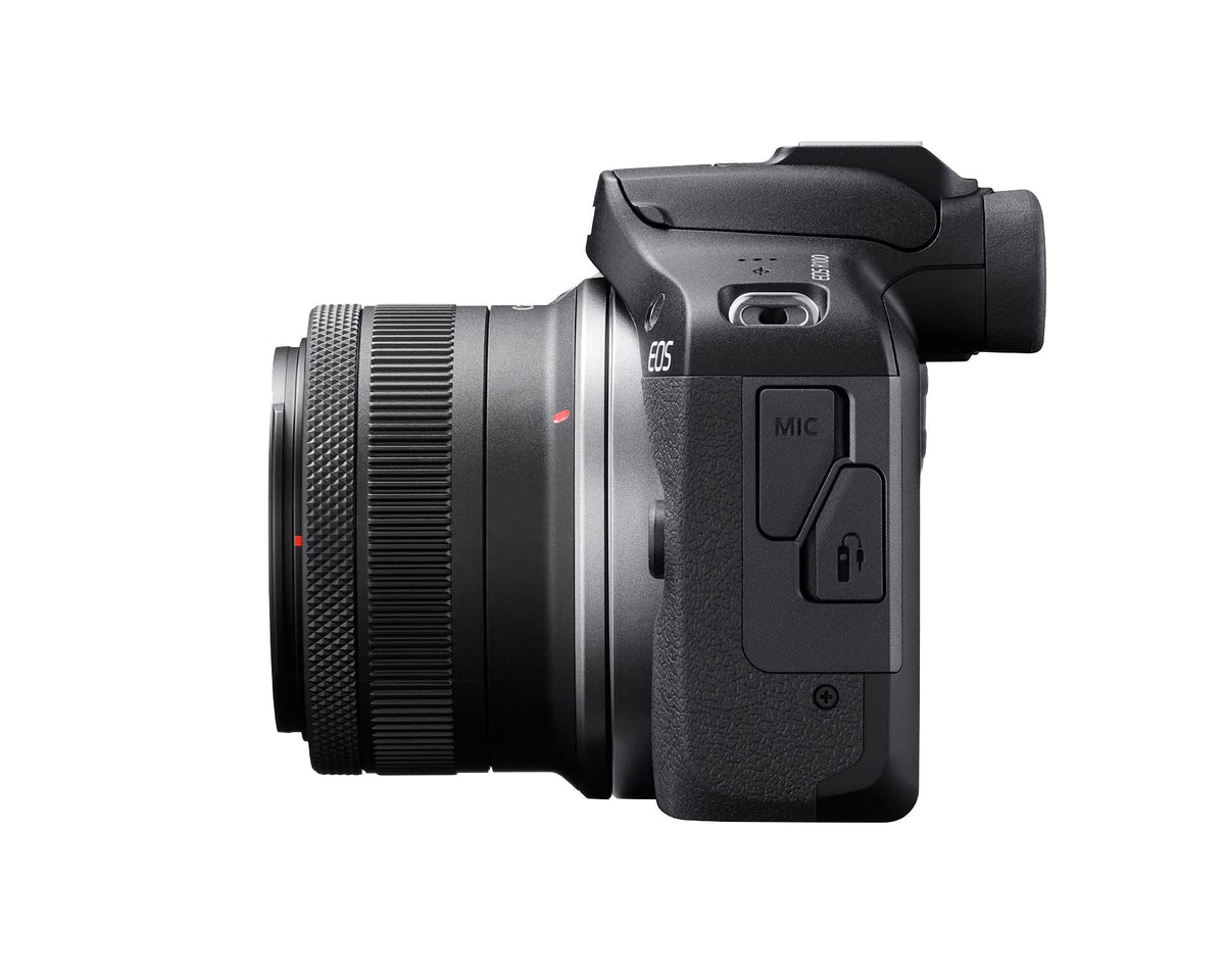 Canon EOS R100 side view highlighting compact body and grip
