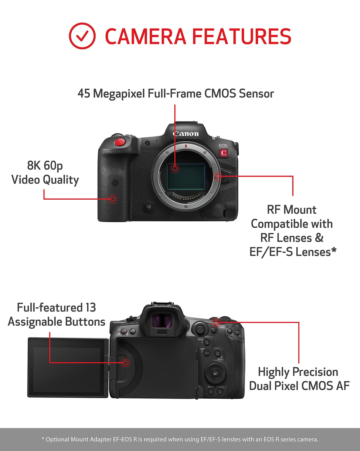 Canon EOS R5 C 45MP full-frame sensor captures detailed stills and vibrant video.