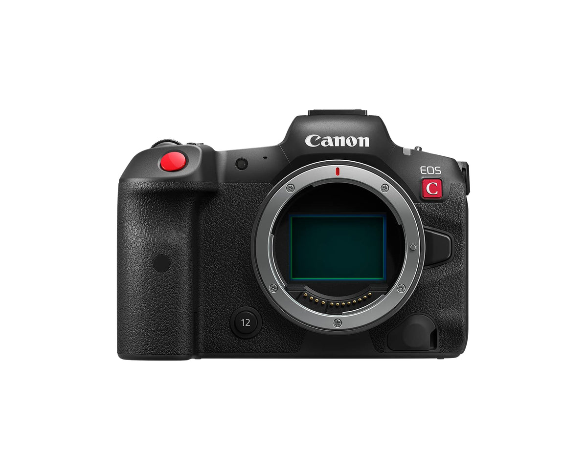 Canon EOS R5 C body front view for handheld cinema use and quick lens access.