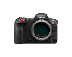 Canon EOS R5 C body front view for handheld cinema use and quick lens access.