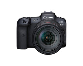 Canon EOS R5 front view with RF24-105mm lens, ideal for versatile everyday shooting.