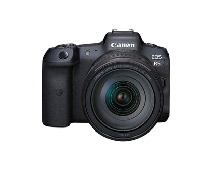 Canon EOS R5 front view with RF24-105mm lens, ideal for versatile everyday shooting.
