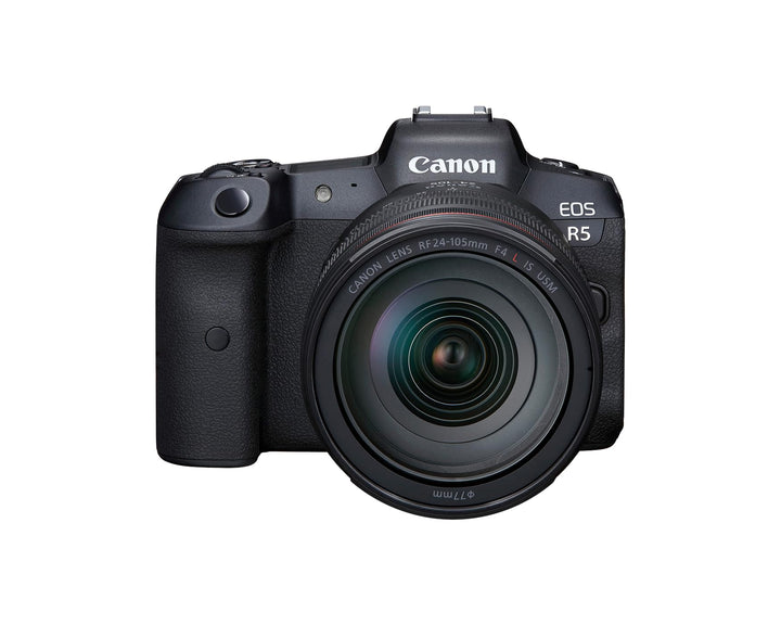 Canon EOS R5 front view with RF24-105mm lens, ideal for versatile everyday shooting.
