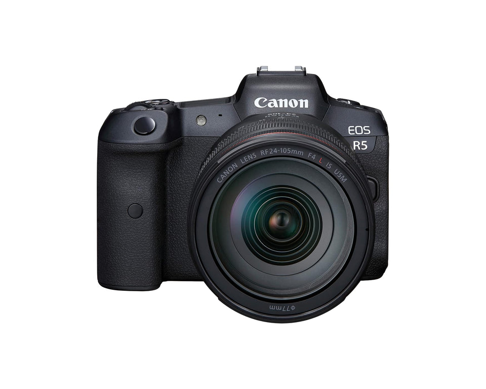 Canon EOS R5 front view with RF24-105mm lens, ideal for versatile everyday shooting.