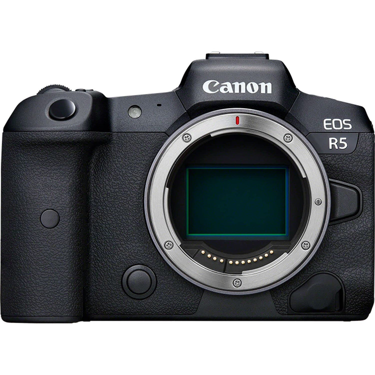 Canon EOS R5 front view with accessible controls for handheld shooting.