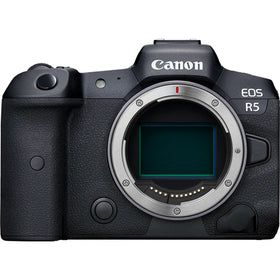 Canon EOS R5 front view with accessible controls for handheld shooting.
