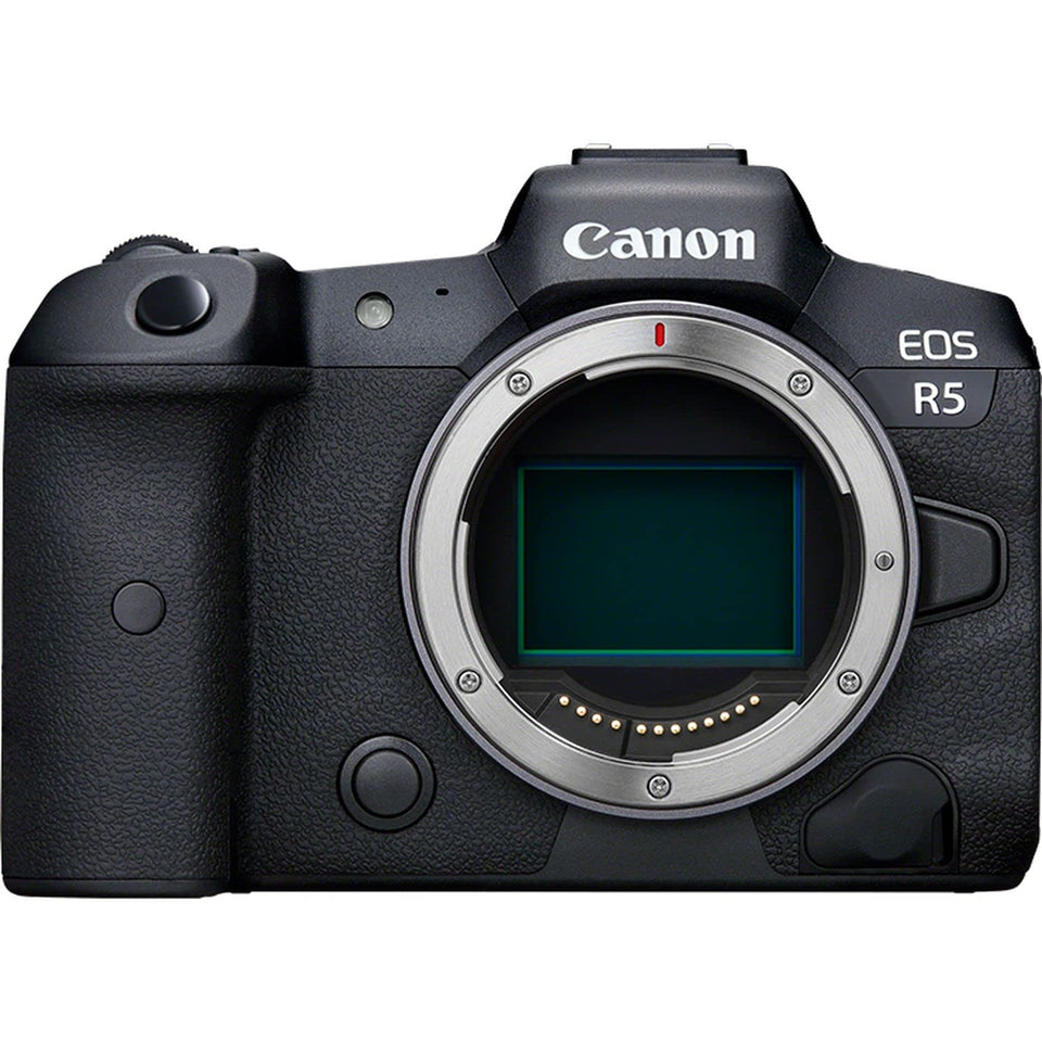 Canon EOS R5 front view with accessible controls for handheld shooting.