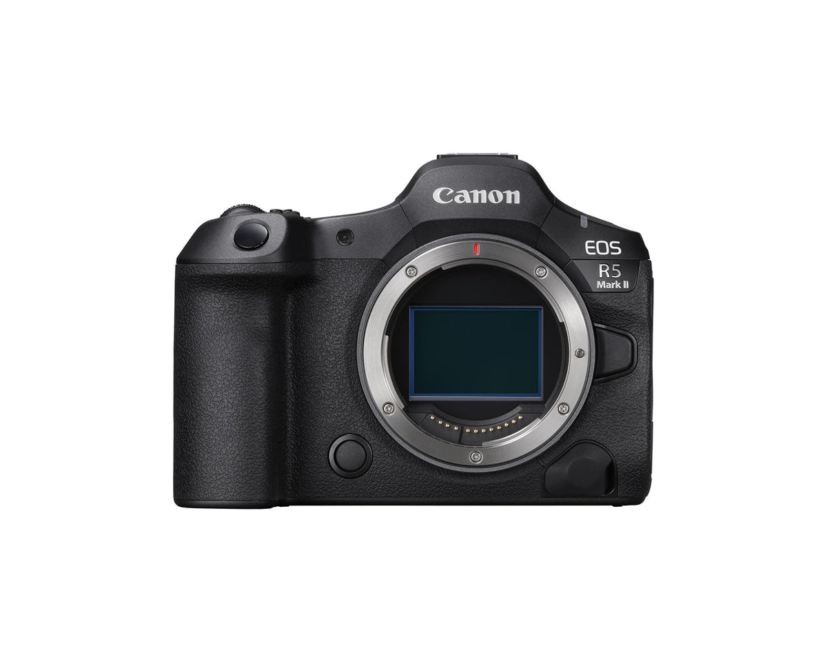 Canon EOS R5 Mark II front view, compact full-frame body ready for versatile shooting