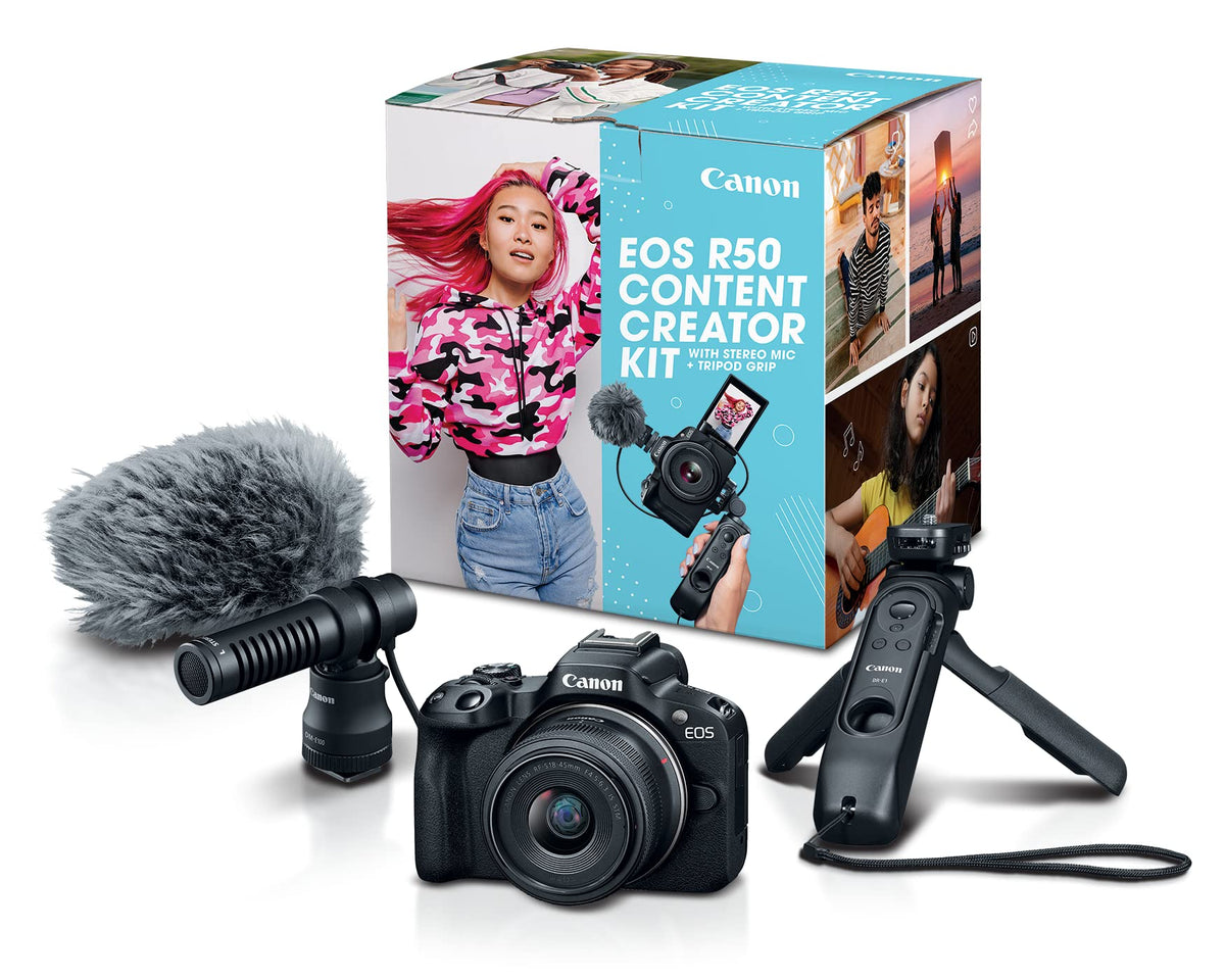 Canon EOS R50 content creator kit front view, compact for on-the-go shoots.