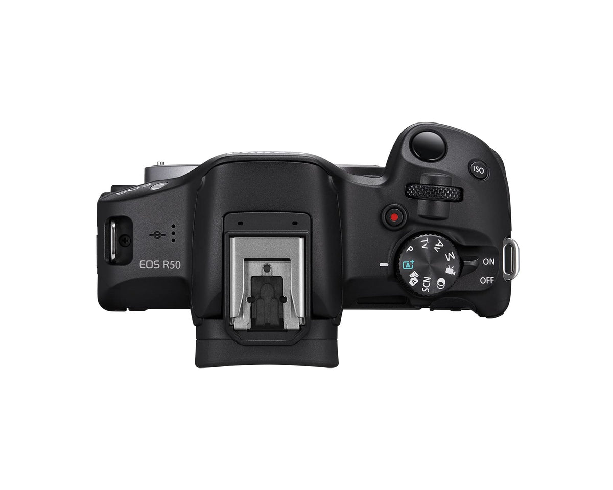 Canon EOS R50 with DIGIC X badge boosts speed for faster editing.