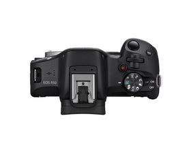 Canon EOS R50 with DIGIC X badge boosts speed for faster editing.