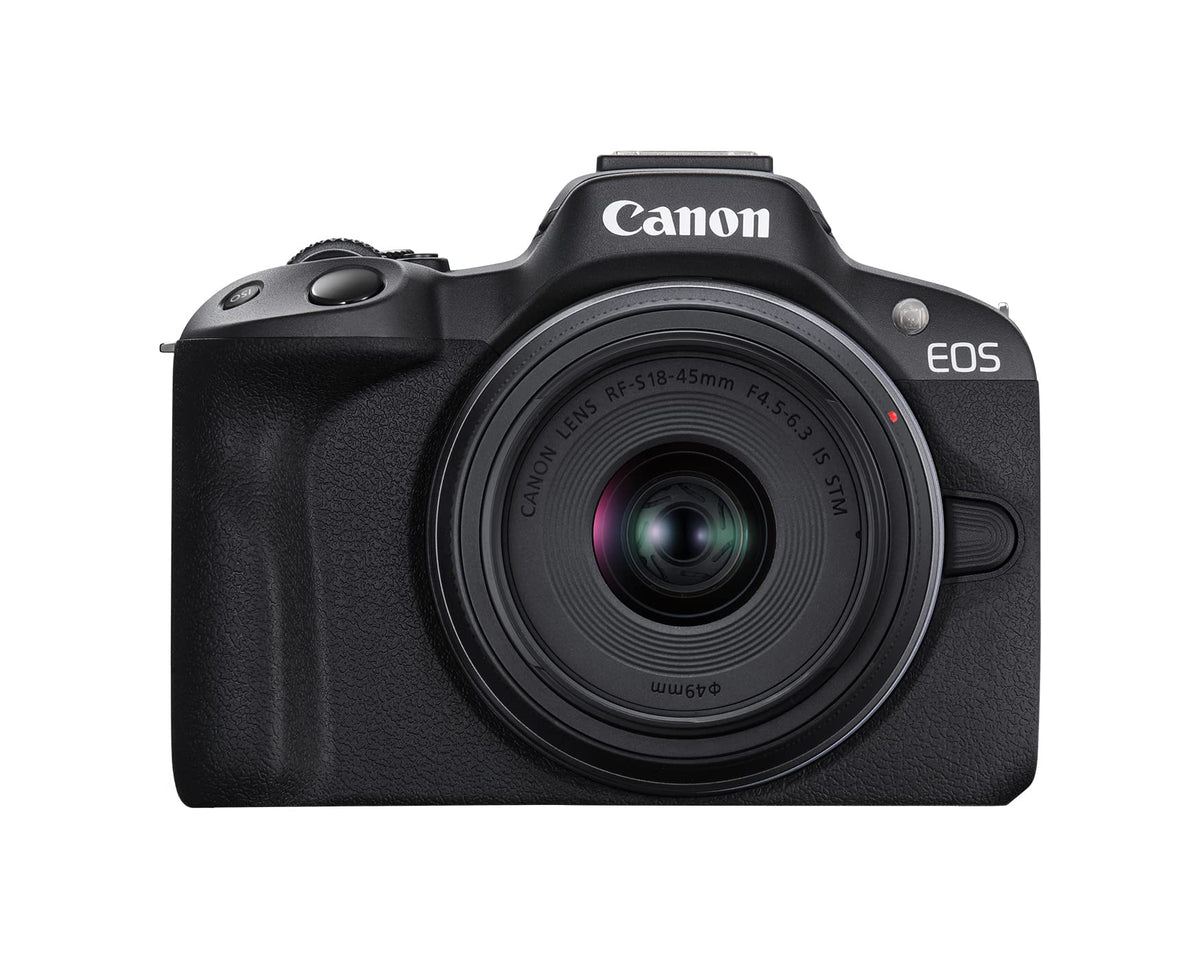 Canon EOS R50 front view highlights its compact camera body for everyday shoots.
