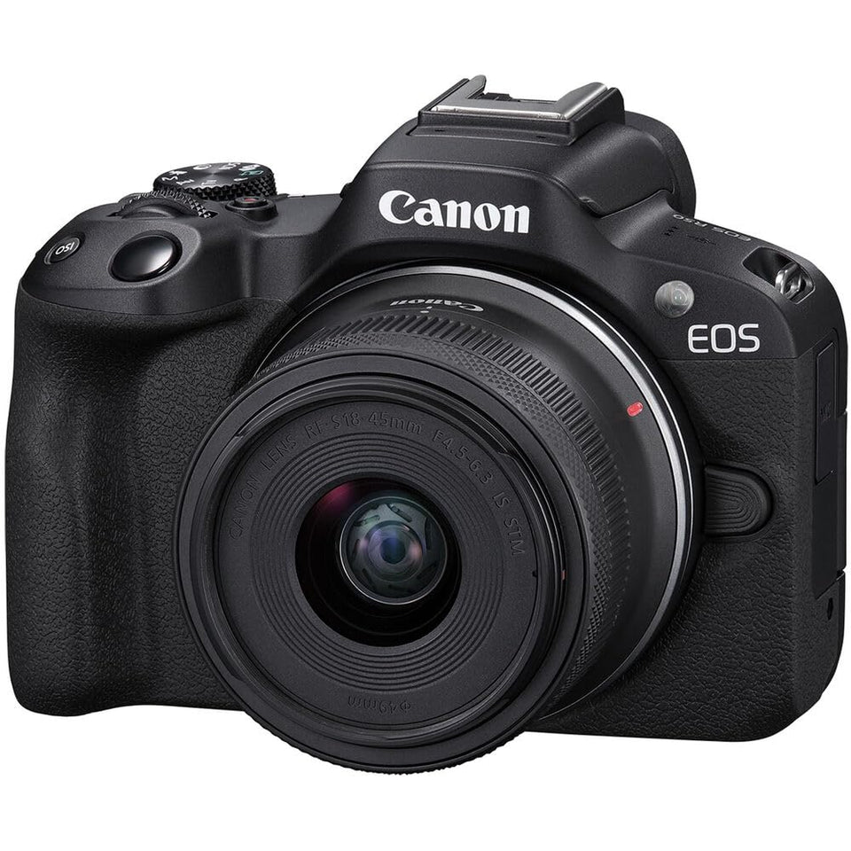 Canon EOS R50 front view, compact body ideal for travel storytelling