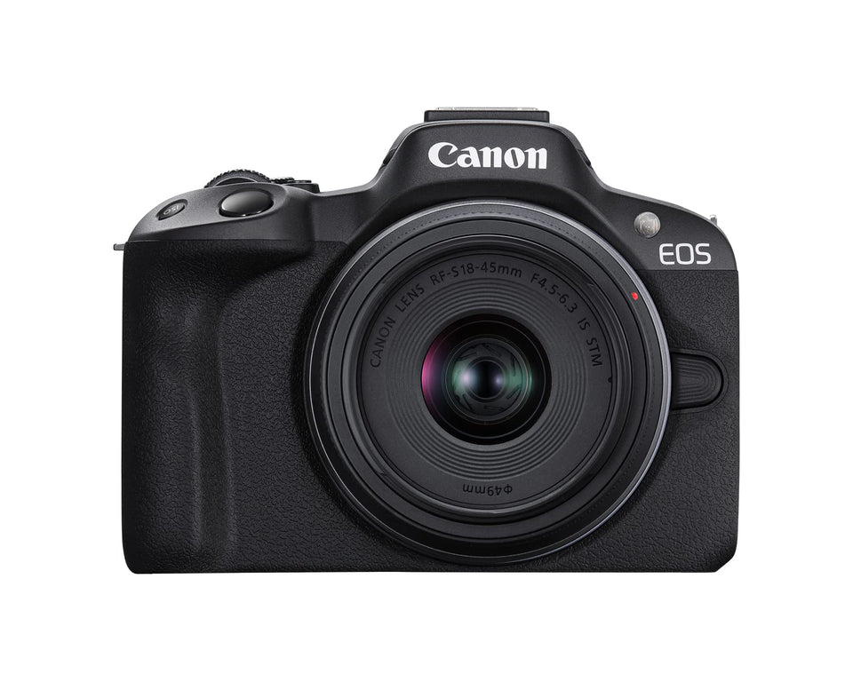 Canon EOS R50 with lens kit front view for versatile everyday photography.