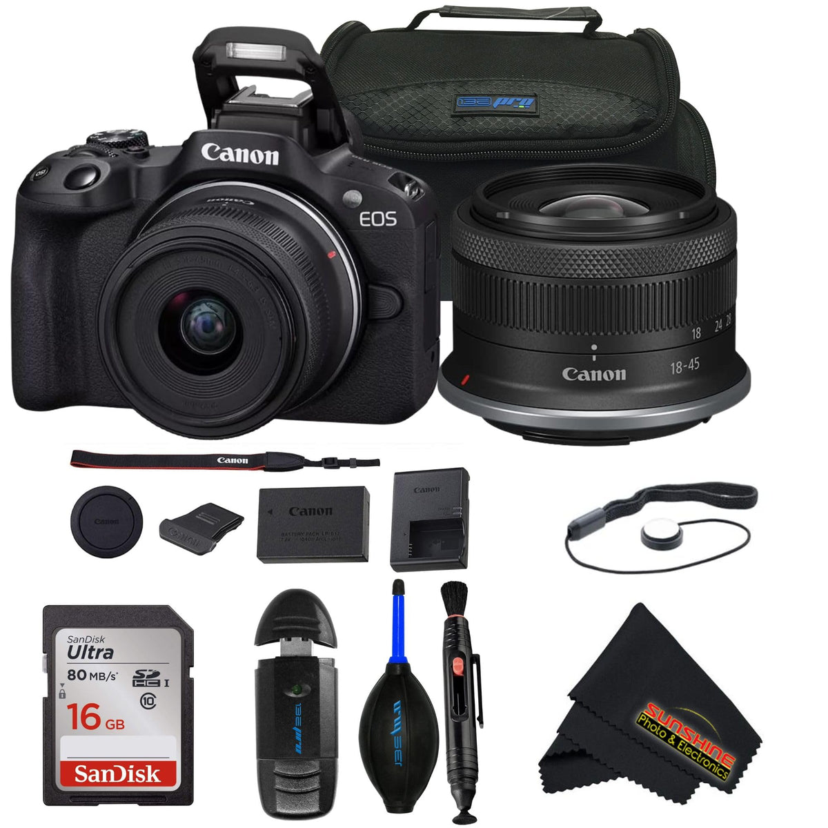 Canon EOS R50 renewed front view with RF-S18-45mm lens for versatile everyday shooting