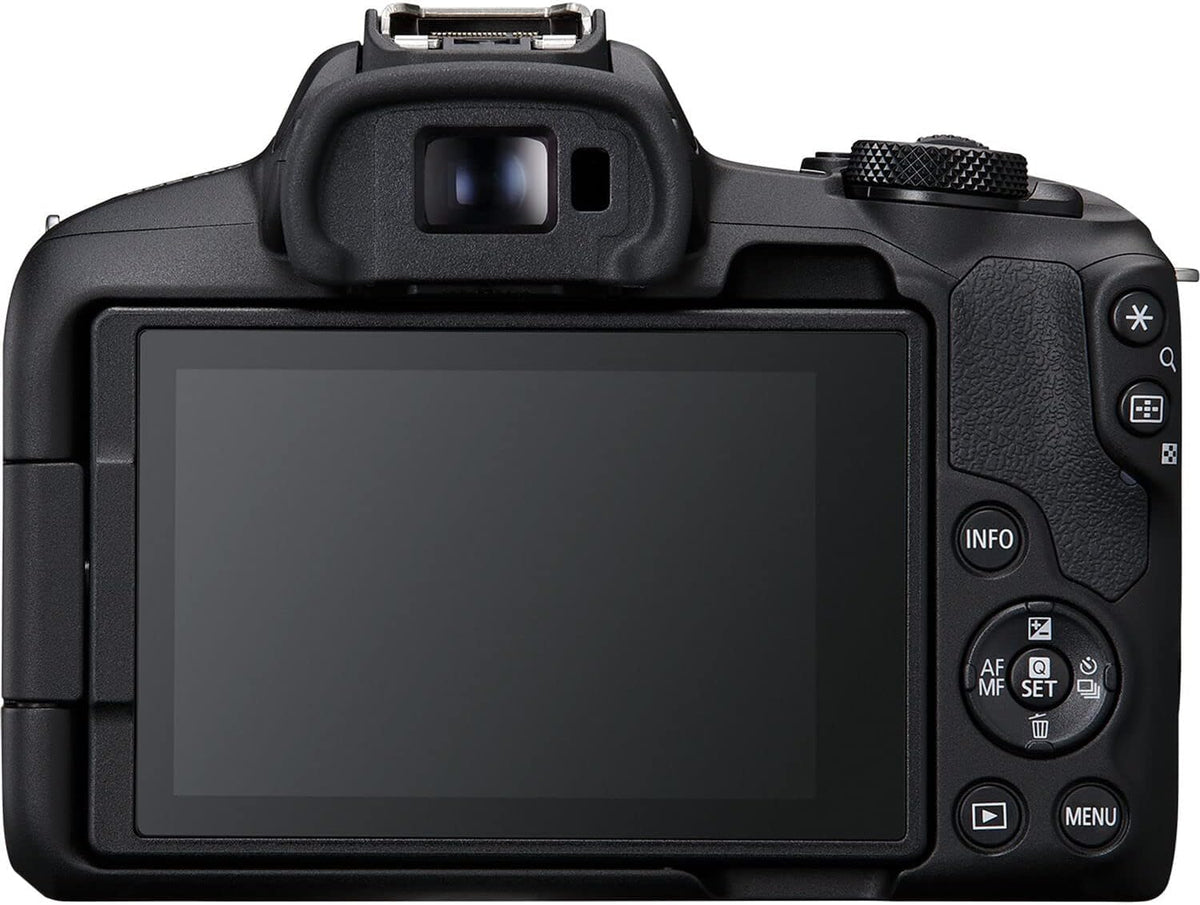 Canon EOS R50 renewed side view with Sunshine Accessories Bundle for quick setup.